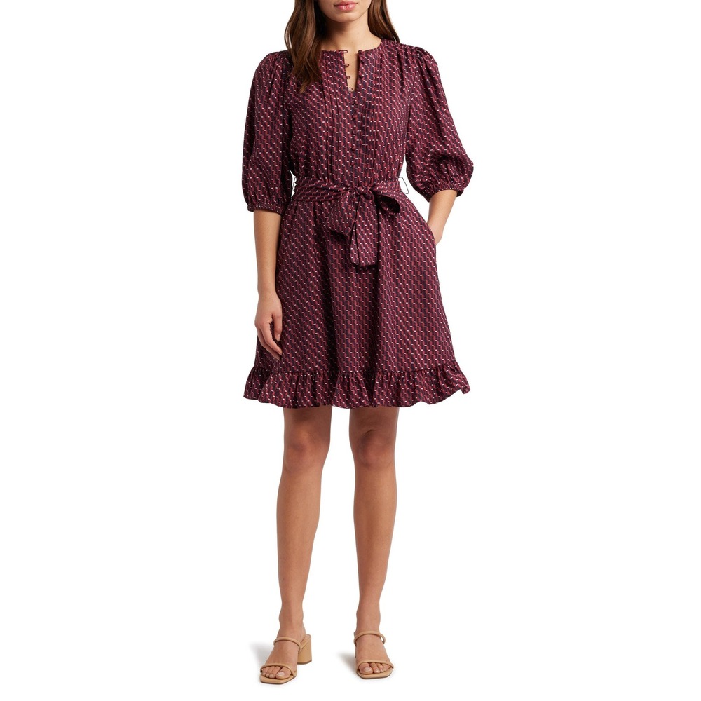 Caslon Pintuck Dress XS‎ Tie Waist Burgundy Geometric Puff Sleeve Ruffle Hem